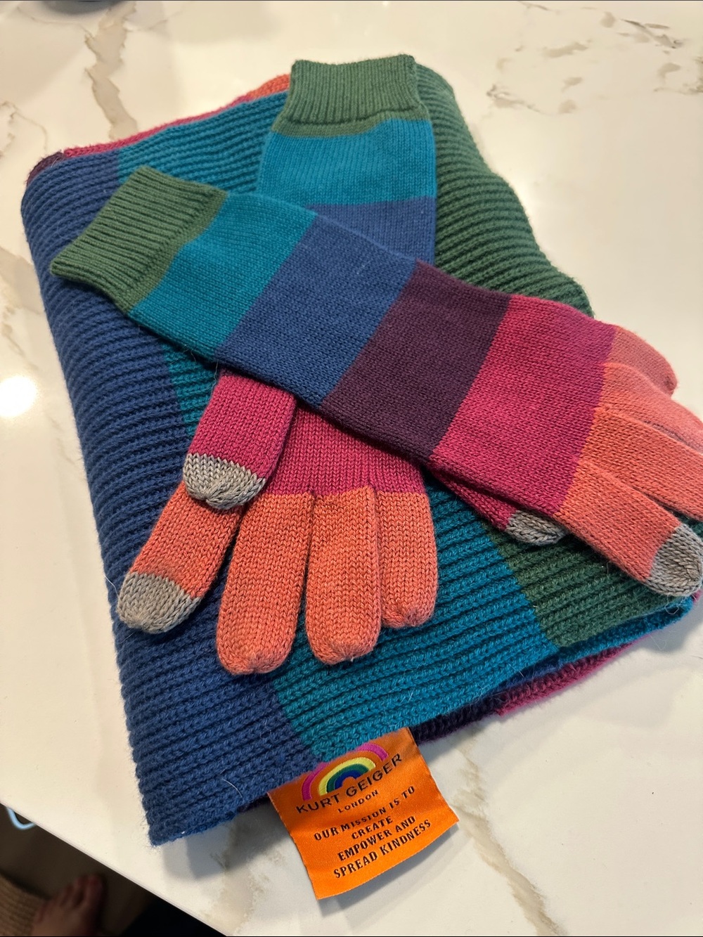 Kurt Geiger Multicolor Striped Knit Scarf and Gloves Set
